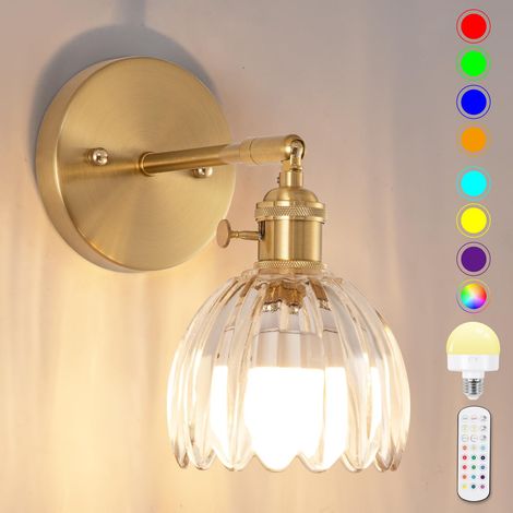 Applique murale vintage à piles avec abat-jour en verre tulipe transparent, lampe murale rechargeable avec télécommande pour chambre, salon, couloir, allée (1/5)