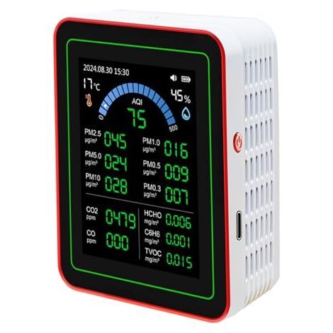 Testeur de qualité de L'air, CO2, TVOC, HCHO, PM2,5, PM10, Température et humidité, Intérieur, alimenté par Batterie, Stockage de Données, 18 en 1, Batterie 2000 MAh, écran HD (1/5)