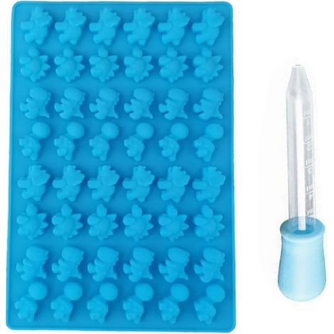 Moule à gâteau en silicone dinosaure, 48 petits moules à bonbons gélifiés dinosaures pour la cuisson de gâteaux, mousses, puddings au chocolat, bleu (1/5)