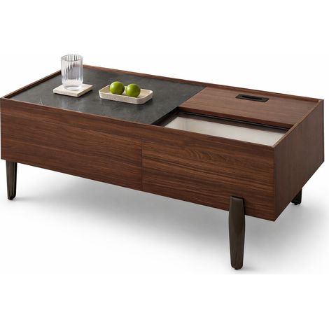 Table basse moderne avec tiroirs, plateau en verre et abattant coulissant, décor bois brun foncé effet marbre, pieds métal gris, rangement salon - CHICFURN (1/5)