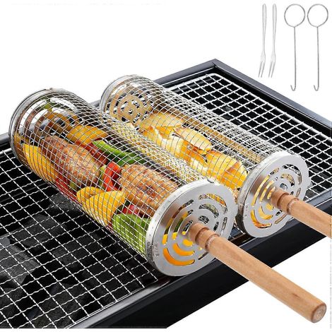 Lot de 2 paniers à griller roulants en acier inoxydable avec poignée en bois amovible, accessoires de barbecue portables, grillades en extérieur (1/5)
