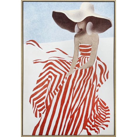 Cuadro decorativo mujer a rayas con detalles pintados a mano color rojo, 90x60cm