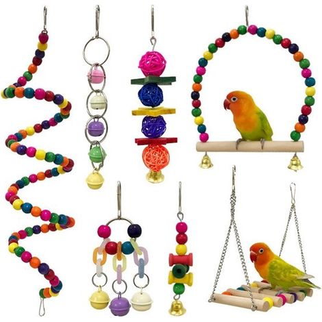 Juguetes para pájaros，juegos de juguetes para loros，juguetes colgantes para masticar，adecuados para loros，juego colorido para loros (7 piezas) (1/5)