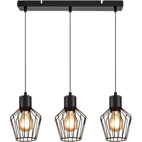 ZMH Lampe à Suspendre 3 Feux Métal - Lampe à Suspendre Table à Manger Lampe de Cuisine Industrielle Noir LED E27 Lampes Métal pour Hall Chambre Salon Café (1/5)