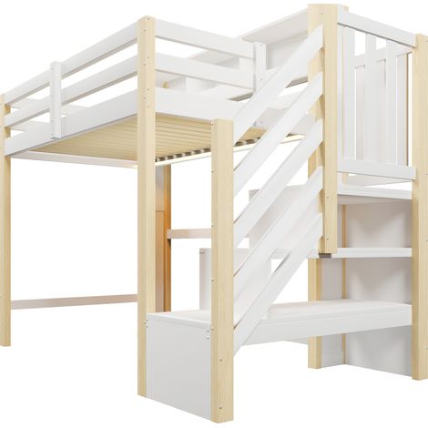 Cama alta infantil 90 x 200 cm con LED, escalera con almacenaje, blanco y natural (1/5)