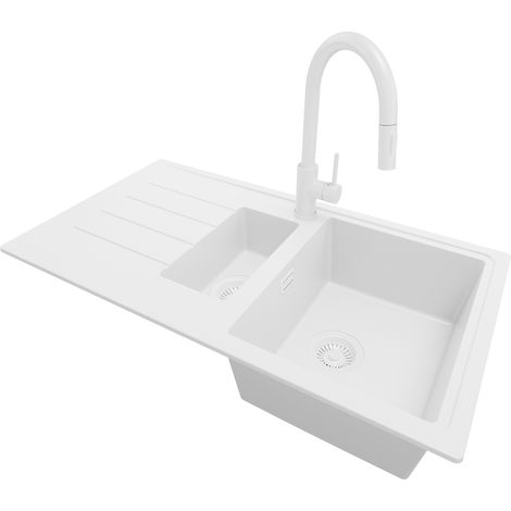 PRIMAGRAN Evier Cuisine en Granit 90x50cm, Lavabo 1,5 bacs + Robinet 40x20cm + Kit de Vidage, Évier à Encastrer au meuble 60cm - Copenhague Duo, Tout Blanc (1/5)