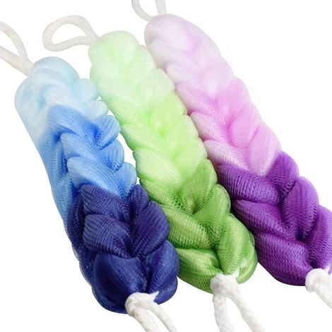 3 Pièces éponge longue Tresses Maille éponge Nylon Bain Barre Longue éPonge Fleur de Bain Peau Exfoliant Dos Gommage pour homme et femme, (1/4)
