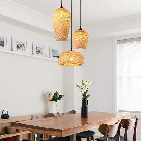 3-Licht Bambus Wohnzimmer Kronleuchter, Küchendekorationslampe Boho Vintage E27 Handgewebte Innenraumbeleuchtung Lampen für Schlafzimmer, 40 40 x 120 (1/3)