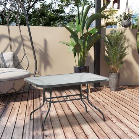 Rechteckiger Gartentisch, Maße 120 x 80 x 70 cm (L x B x H), epoxidbeschichtetes Metall, grau, Tischplatte aus gehärtetem Glas (1/5)