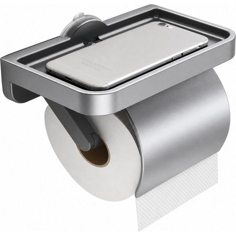 CCYKXAWall-Mounted Toilet Paper Holder with Shelf, Suction Cup Toilet Paper Holder without Drilling, Toilet Paper Dispenser with Lid, Roll Holder, Grey (1/5)