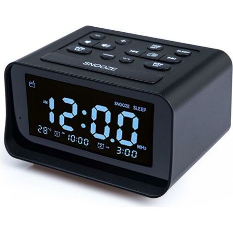 Radio despertador digital con cargador USB doble para dormitorio, volumen y brillo de alarma ajustables (negro) (1/4)