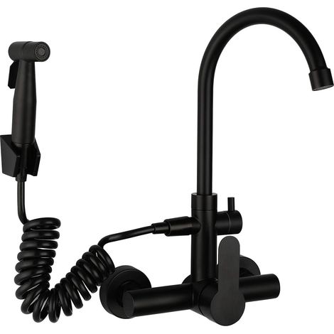Schwarze Küchenarmatur mit Brausepistole und zwei Strahlarten. Wandmontierte, verdeckte Mischbatterie. Einhebelmischer aus Edelstahl 304 mit um 360° schwenkbarem Auslauf. (1/5)