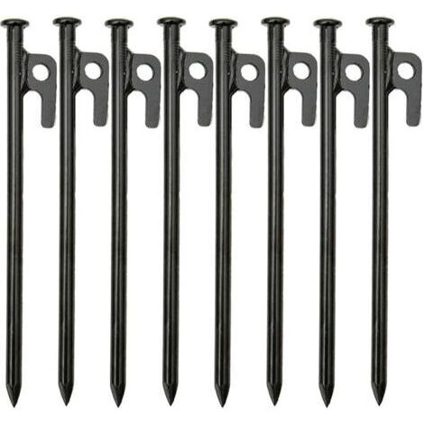 Lot de 8 piquets de tente robustes en fer forgé haute résistance de 20 cm avec crochet et trou pour voyage en plein air, randonnée, jardinage, grand sol dur et rocheux (1/4)