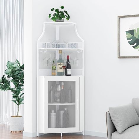 Meuble bar d’angle blanc avec support verres, porte maille et étagère ajustable pour vin et spiritueux (1/5)