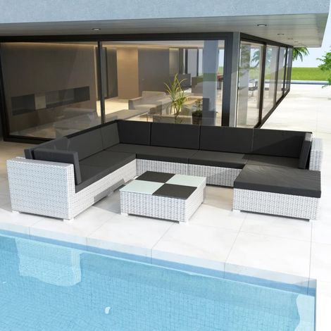 8 pcs Salon de jardin, Ensemble table et chaises de jardin, Meuble de jardin avec coussins Résine tressée Blanc MKW272530 (1/5)
