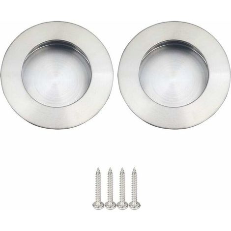 Poignées tirettes encastrées rondes pour porte coulissante, inox brossé satiné, argenté 65 mm, lot de 2 pièces (1/4)