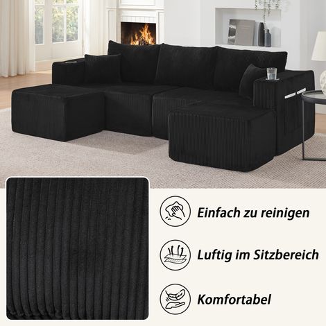 Canapé d'angle modulaire 3 places, sofa en forme de L avec pouf mobile, tissu velours doux, porte-gobelet, poche latérale et coussins, idéal salon, hôtel ou location, noir (1/5)