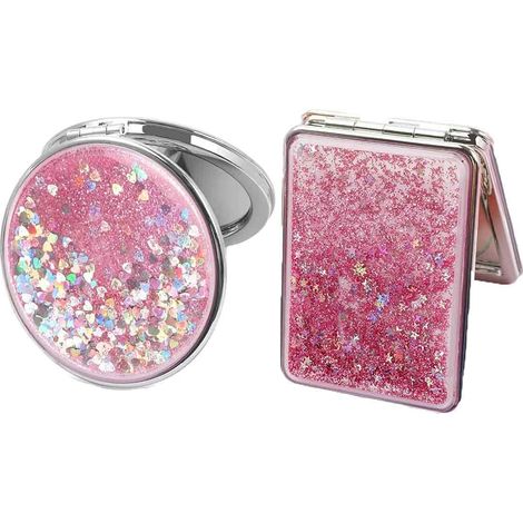 Lot de 2 miroirs de maquillage compacts, mini miroirs pliables effet sable mouvant, miroirs de poche double face portables, miroirs pliables ronds et carrés pour femmes, miroir rose de coiffeuse pour (1/5)