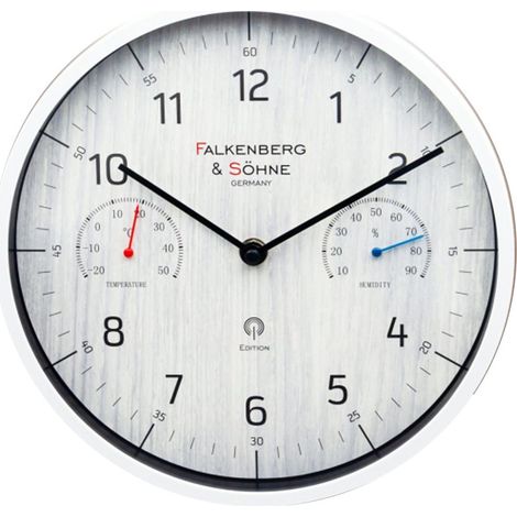 Horloge murale radiopilotée Falkenberg & Sons, silencieuse (sans tic-tac), mouvement à quartz japonais, 25 cm, modèle DCF77, cadran de haute qualité, blanc, affichage de la température, thermomètre et