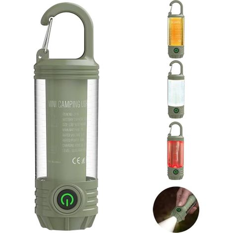 Mini lampe de poche camping LED rechargeable, Lumière extérieure portable avec crochet, lumière chaude blanche et lumières rouge, 6 modes, avec flash de signal. [Classe énergétique A] (1/5)