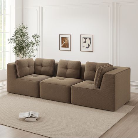 Sofá esquinero modular de 3 plazas sin estructura, asiento profundo 74 cm, pana marrón DESVIAE (1/5)