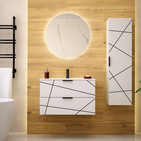 Conjunto mueble lavabo individual encastrado 80cm y columna Teren Blanco (1/5)