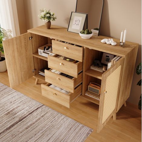 Sideboard-Kommode 140x40x86 cm in Helle Eiche mit Rattan-Optik und verstellbaren Einlegeböden (1/5)