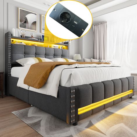 Lit capitonné 160200 cm avec éclairage LED et prise USB, tête de lit avec étagères et espace de rangement à 4 tiroirs, lit double pour adulte, tissu lin gris (1/5)