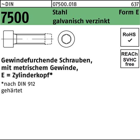 DIN 7500 Form E Gewindefurchende Zylinderkopfschraube VG M6x20 Stahl galvanisch verzinkt ISK 1000 Stk (1/2)