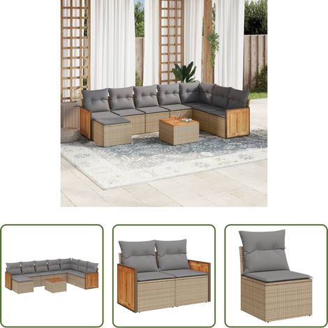 vidaXL Gartensessel - 9-tlg. Garten-Sofagarnitur mit Kissen Beige Poly Rattan (1/5)