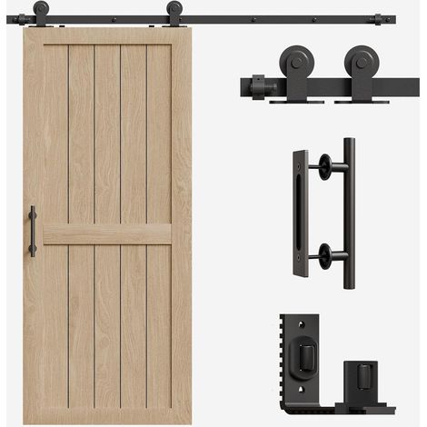 Kit complet de ferrures de porte coulissante de 182 cm - Système de porte coulissante - Noir - Avec guide au sol réglable et poignée de porte (1/5)