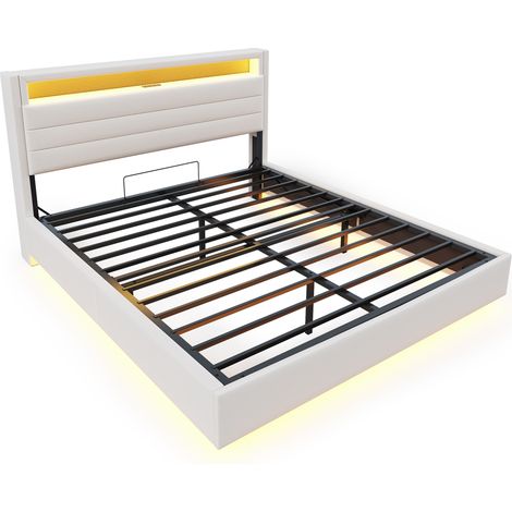 Lit rembourré 160 x 200 cm, cadre de lit flottant hydraulique avec rangement, lit rembourré multifonction avec prise USB et éclairage LED, tête de lit réversible, lin beige (1/5)