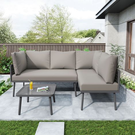 Salon de jardin 7 pièces avec corde tressée grise, 2 canapés d'angle et table verre trempé, coussins assise 10 cm , fer ,Gris (1/5)