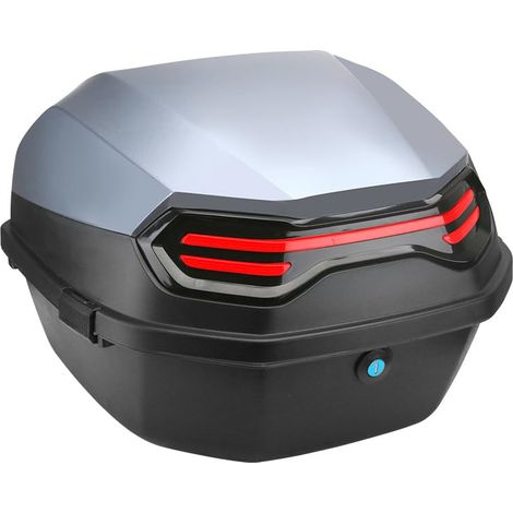 Grand capacité, étanche et robuste – Top case moto universel ABS+PP avec serrure – Idéal casque et bagages – Montage facile – Pour moto/scooter électrique – Couleur gris argenté