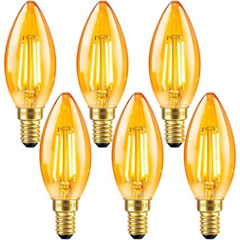Ampoule E14 LED Filament Bougie Vintage 4W, Equivalent 40W Lampe, Verre Ambré Blanc Chaud 2200K, C35 Bougie Filament Rétro, 400LM, AC 220V, Non-Dimmable, Décorative pour Restaurant Café Bar, Lot de 6 (1/5)