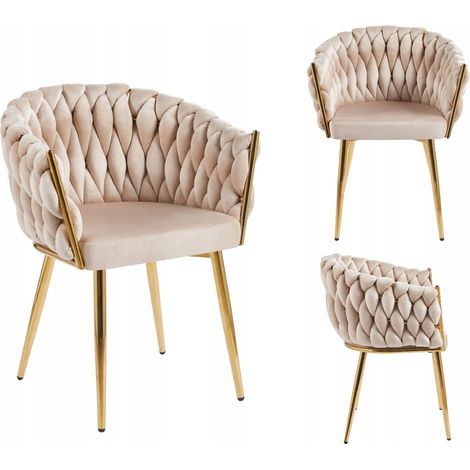 Fauteuil glamour en velours beige et or – Structure en métal chromé doré – Assise moelleuse 48 cm – Pour intérieur moderne