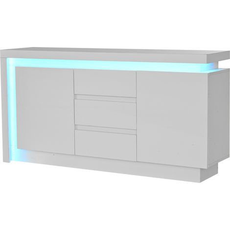 Weiße Kommode 140 x 35 x 72 cm mit 2 Türen, 3 Schubladen, LED, verstellbaren Einlegeböden (1/5)