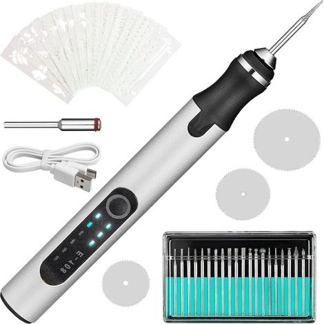 Stylo de gravure électrique USB sans fil avec 20 forets 16 pochoirs 3 disques à tronçonner pour bois, verre, céramique, pierre, bijoux (1/5)