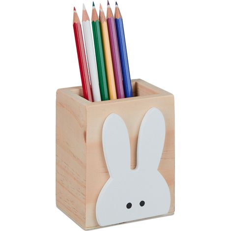 Relaxdays Portapenne da Scrivania in Camera, Design Coniglio, HLP: 10x8x6 cm, Box Portamatite, Legno, Naturale Bianco