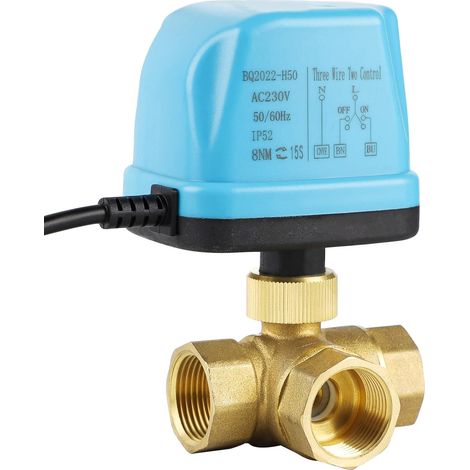 Vanne Motorisée 3 Voies à Bille DN25 1 Pouce AC 230V Electrovanne en Laiton, Vanne de Zone Bleue (1/5)
