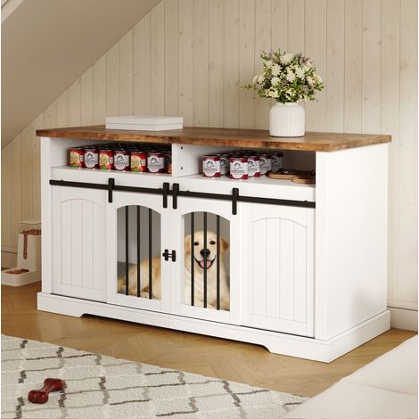 Meuble cage pour chien 153x60x85 cm avec portes coulissantes verrouillables, cloison amovible, MDF blanc et metal (1/5)
