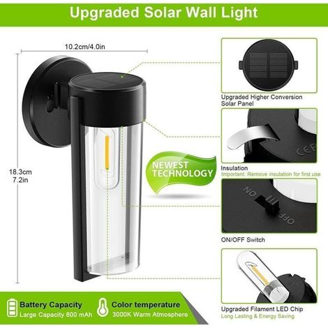 2 Pack Applique Murale Exterieur Solaire, IP65 Etanche Lampe Murale, Blanc Chaud Luminaire Exterieur avec Abat Jour, Appliques murales Pour Patio Jardin Balcon Porte Couloir