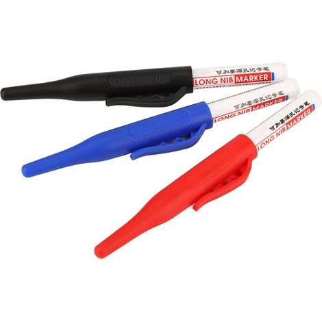 Lot de 3 marqueurs à pointe longue et à trou profond, étanches et rechargeables à l'encre, pointes de 30 mm de long, avec clip, disponibles en rouge, bleu et noir. (1/5)