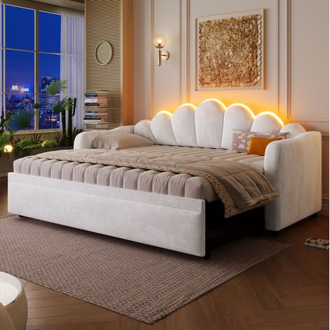 Sofá cama tapizado en terciopelo blanco, 90x200 cm, con cama extraíble e iluminación LED. (1/5)