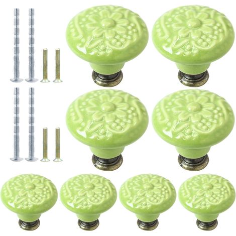 Lot de 8 boutons en céramique vert citron, vintage et rétro pour cuisine et commode, poignées de tiroir décoratives pour placard, placard et portes de meubles (1/5)