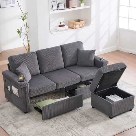Divano 194x73x81 cm, LED integrato, porta USB/TypeC, contenitore, tessuto corduroy grigio scuro (1/5)