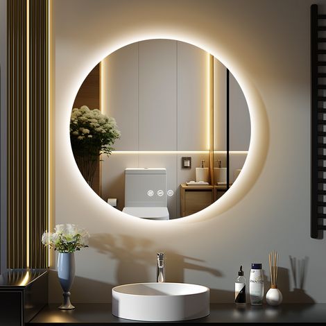 Miroir de salle de bain éclairé GIMBELEN, miroir rond lumineux, 3 températures de lumière, variable, interrupteur tactile, fonction mémoire, miroir LED de bain avec lumière, miroir mural 70 cm