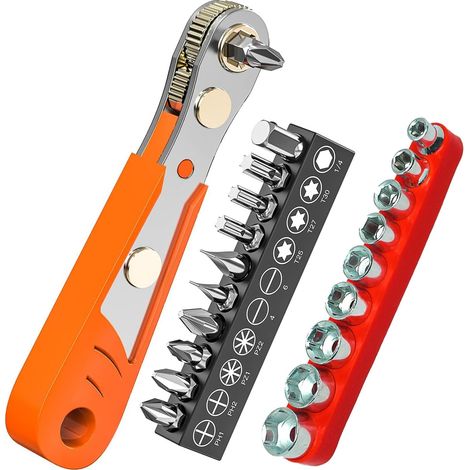 Cliquet 1/4 Tournevis Magnétique,Avec manche10 pièces, tournevis à angle droit à cliquet, 9 pièces de douilles métriques, avec Phillips, fente, Torx (1/4)