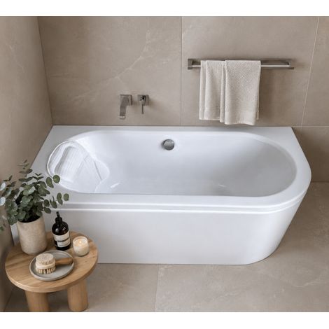 ECOLAM Baignoire de coin Avita 150x75 cm gauche + tablier en acrylique  oreiller Mare  pieds + siphon