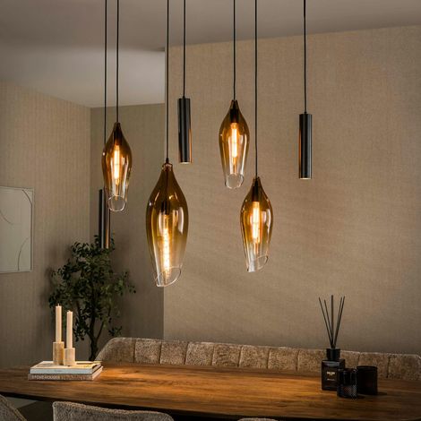 Suspension îlot cuisine verre fumé métal bronze 7 lampes NIAGARA